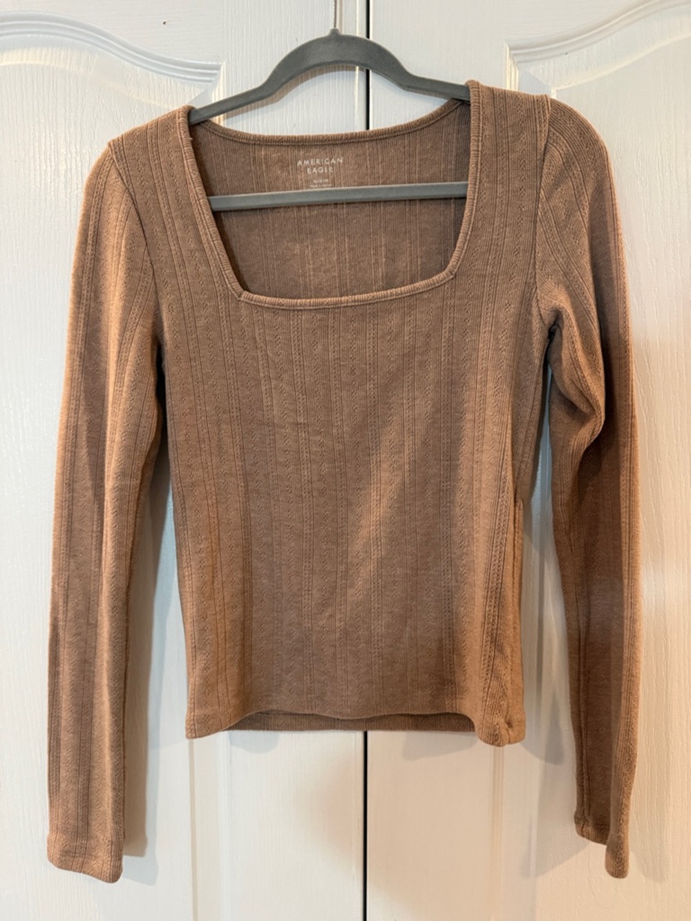 American Eagle Outfitters Brown Square-Neck Ribbed Long Sleeve Top